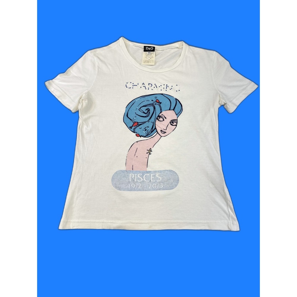 D&G Pisces Zodiac Graphic Tee M White 100% Cotton Crewneck Short Sleeve Regular